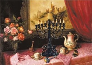 Picture of Chanukah Greeting Cards Menorah Tea Party Design 6 Pack